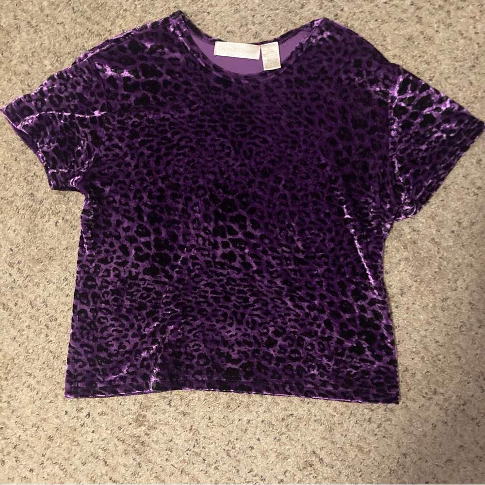 Vintage 90s purple velvet leopard print Dana Buchman short sleeve pullover shirt